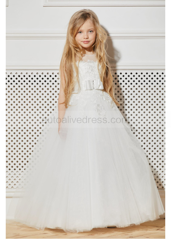 Sleeveless Ivory Lace Tulle Floor Length Flower Girl Dress